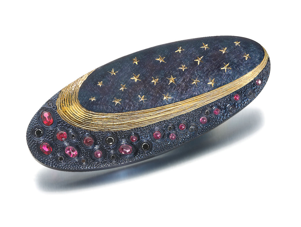 Silver hand engraved, set with black diamonds and pink spinels - finished in blue rhodium plate and 18ct gilding.