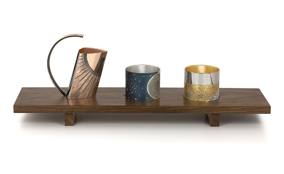 Tumblers and jug in silver ,hand engraved and carved, finished in various colours of rhodium. Tray - Brazilian Rosewood. 50 cm long x 15 cm wide. 2014.Photo: Simon B Armitt