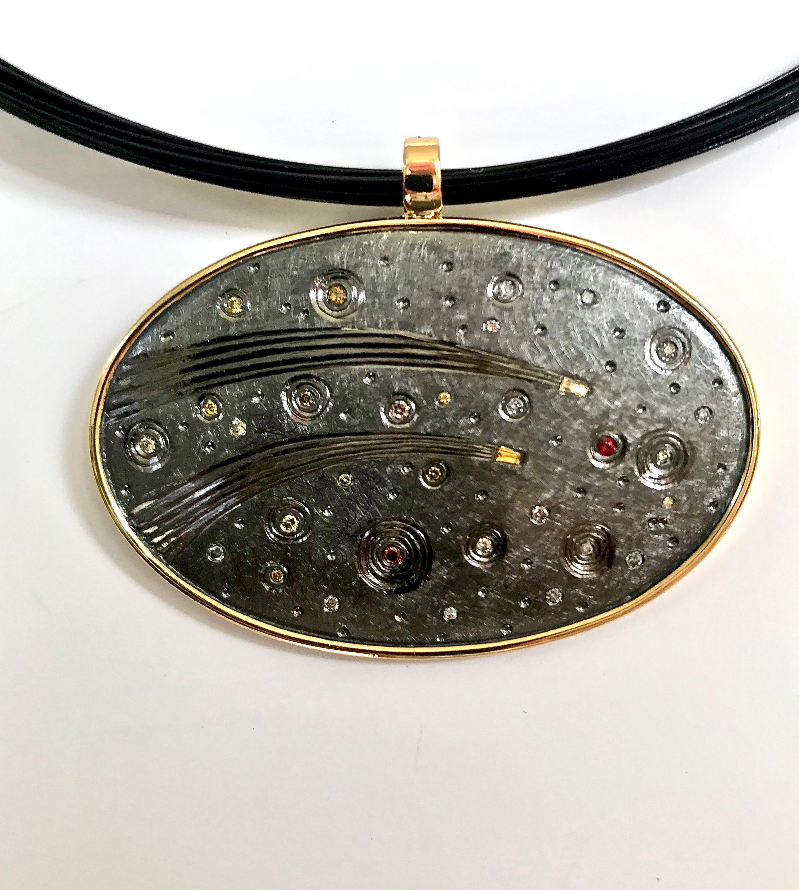 <a href="/node/289">Two Comets. Recent Commission 50 th wedding anniversary / pendent drop 18ct gold / Silver / hand engraved / set with various coloured diamonds /finished in black Rhodium plate</a>