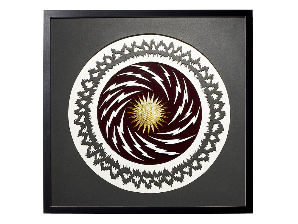Large radial lightning gold sun, in black frame.