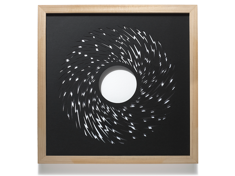 Laser cut, hand finished with scalpel. Heavy black and white textured card. (Forms a pair with the other in reverse) 50cm x 50cm. Photo: Simon B Armitt