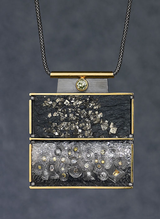 Silver, hand engraved, 'fools gold' (pyrite), various coloured natural diamonds, finished in black rhodium and 18ct gilding.