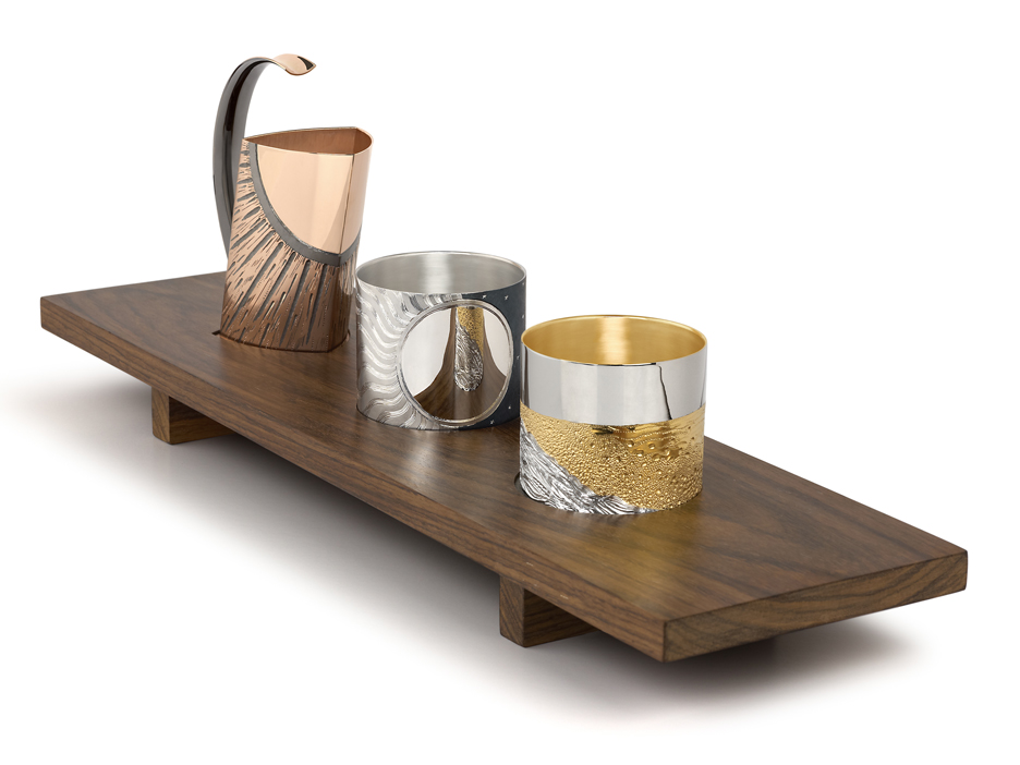 Tumblers and jug in silver ,hand engraved and carved, finished in various colours of rhodium. Tray - Brazilian Rosewood. 50 cm long x 15 cm wide. 2014.Photo: Simon B Armitt