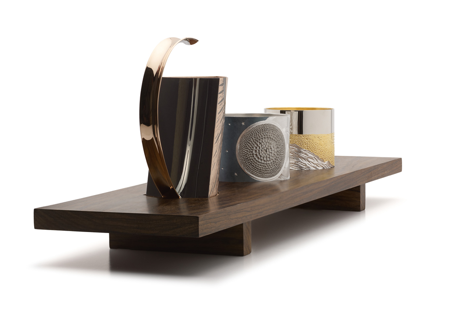 Tumblers and jug in silver ,hand engraved and carved, finished in various colours of rhodium. Tray - Brazilian Rosewood. 50 cm long x 15 cm wide. 2014.Photo: Simon B Armitt