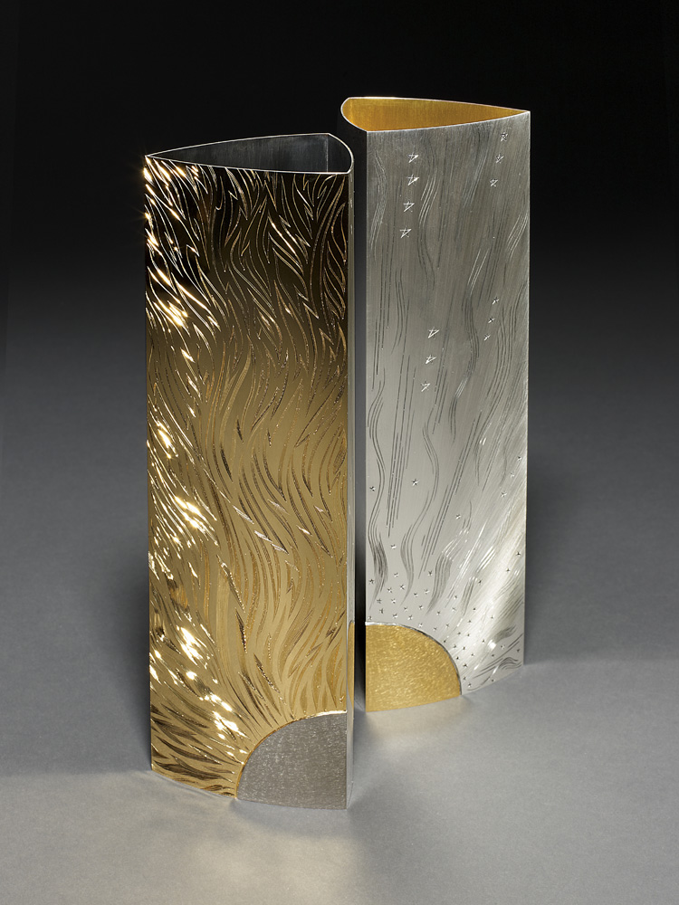 Pair of triangular vases. Silver, hand engraved, yellow and black gilding. Made 2010. H 30 cm. Photo: Simon B Armitt.