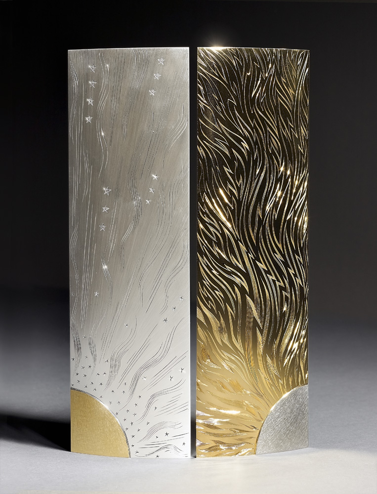 Pair of triangular vases. Silver, hand engraved, yellow and black gilding. Made 2010. H 30 cm. Photo: Simon B Armitt.
