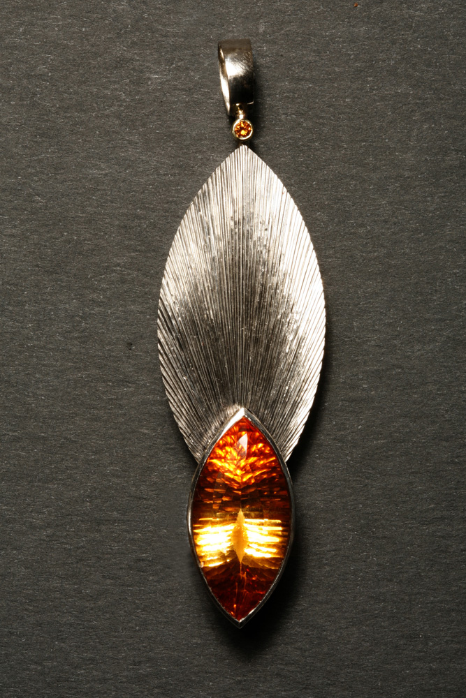 18ct white gold, citrine and flame orange diamond. Height: 8cm, width: 2.4cm. Photo: Andra Nelki